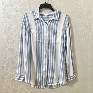 CASLON Linen blend Blue White Long sleeve Stripe Preppy Nautical Casual Tops S